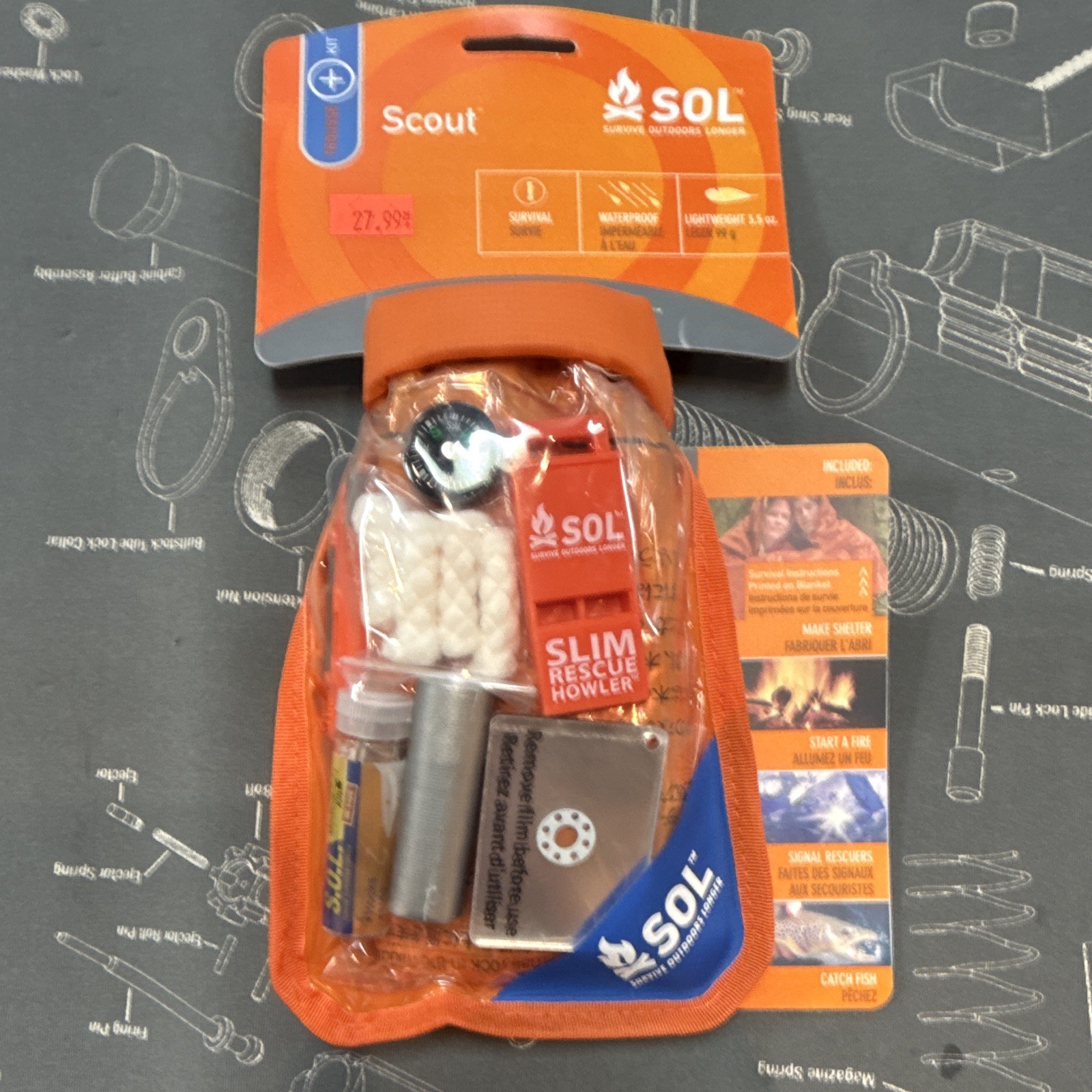 SOL Scout Waterproof Lightweight Survival Kit w/ Compass, Whistle, Fire Starter