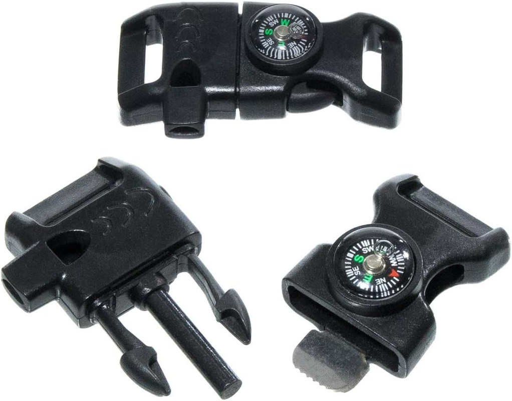 10 Piece Black 5/8 Inch Compass Flint Firestarter Scraper Whistle Utility Buckle