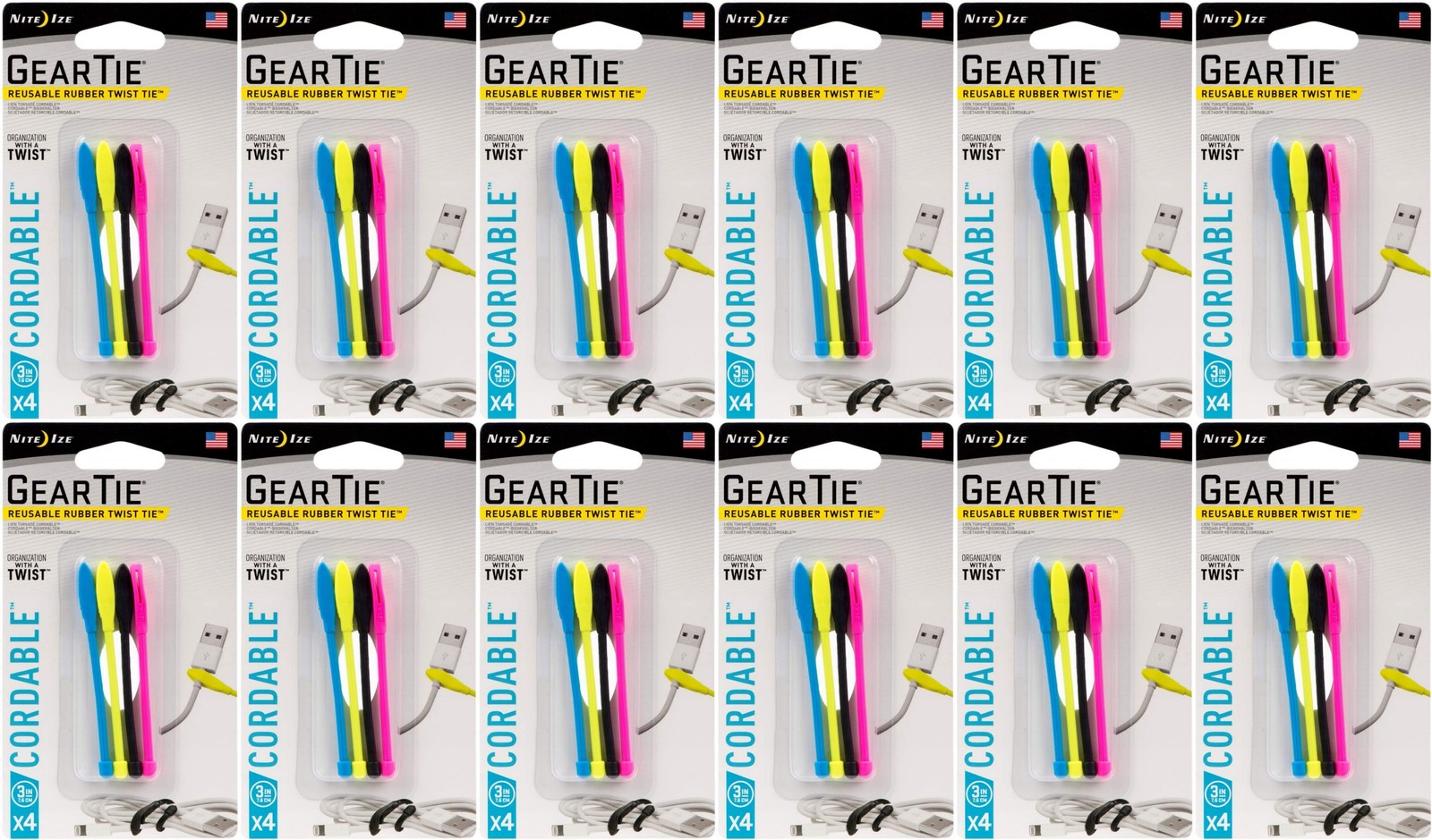 Nite Ize 4-Pack Gear Tie Cordable Twist Tie, 3″ – Assorted Colors (12-Pack)
