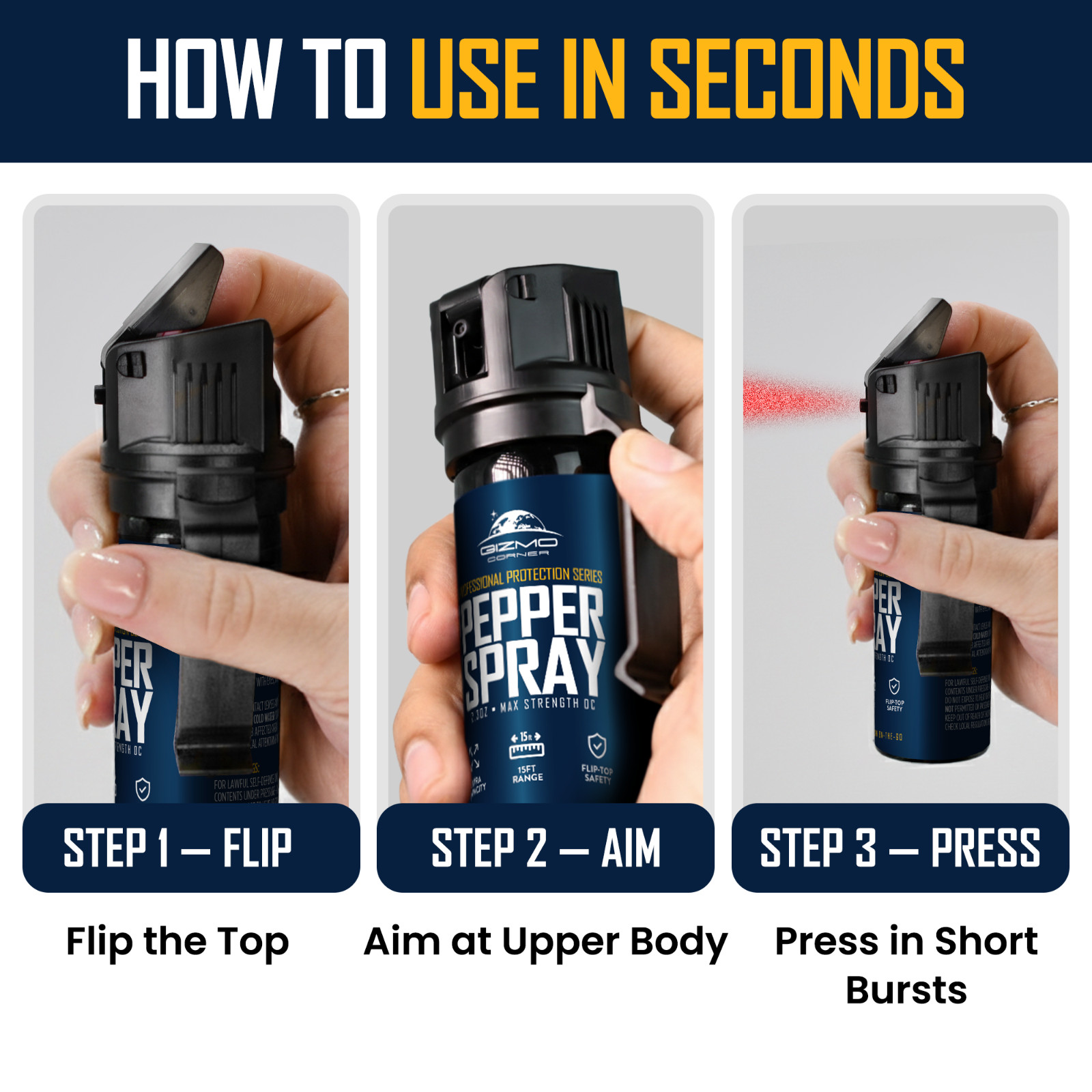 Gizmo Corner 2.3oz Pepper Spray 15ft Range Flip-Top Safety for Women Protection