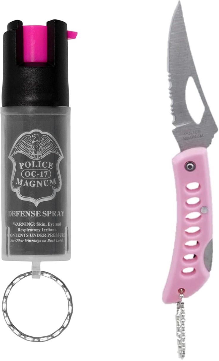 Pocket Knife AND Police Magnum Pepper Spray Safety Lock Self Defense Security