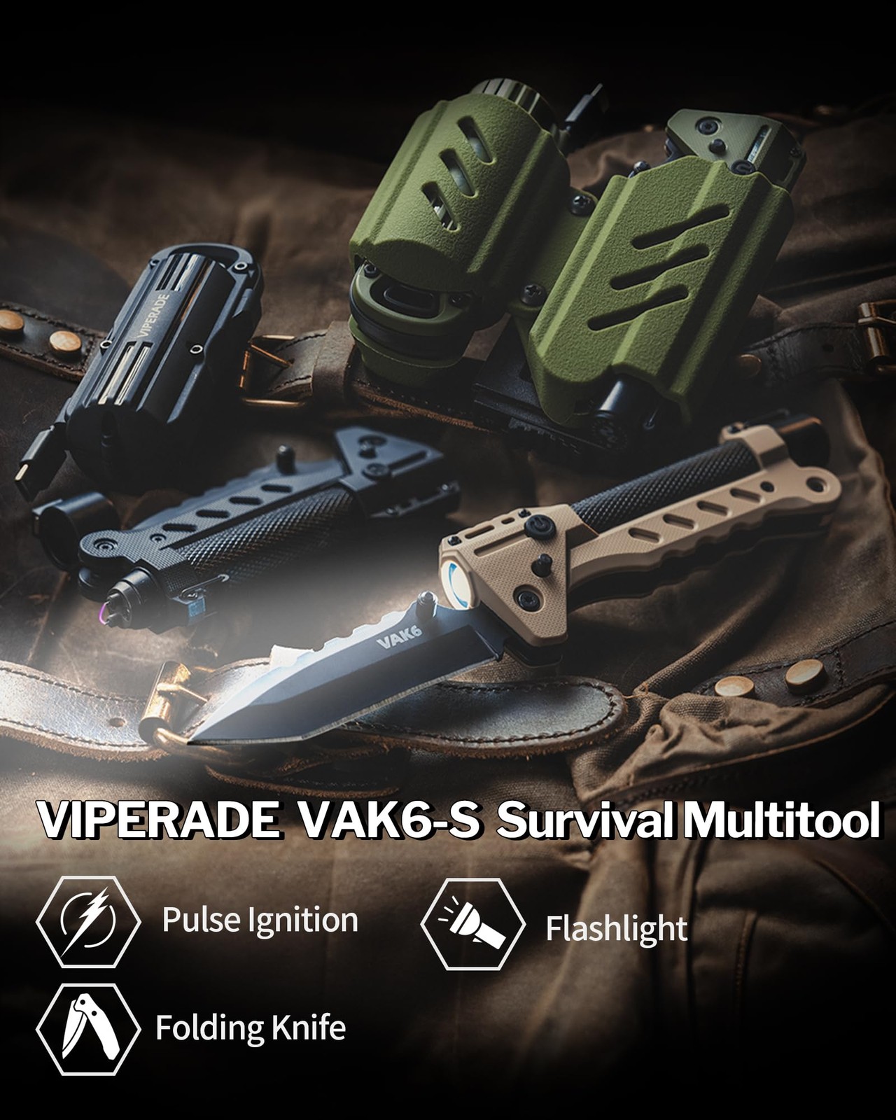 Viperade Vak6-S Survival Multitool Folding Knife Led Flashlight And Pulse