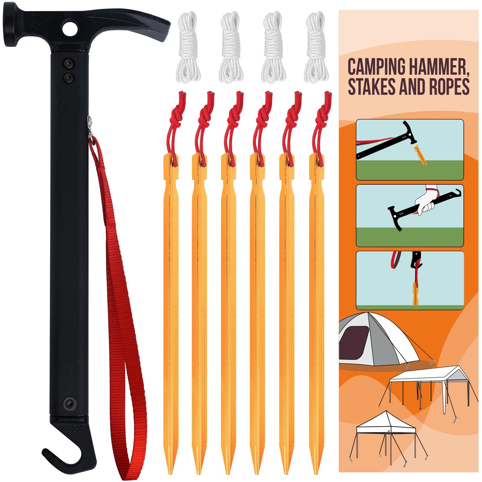 Eurmax USA Hiking Camping Tent Stakes and Hammer Set 9inch(6PCS), Gold