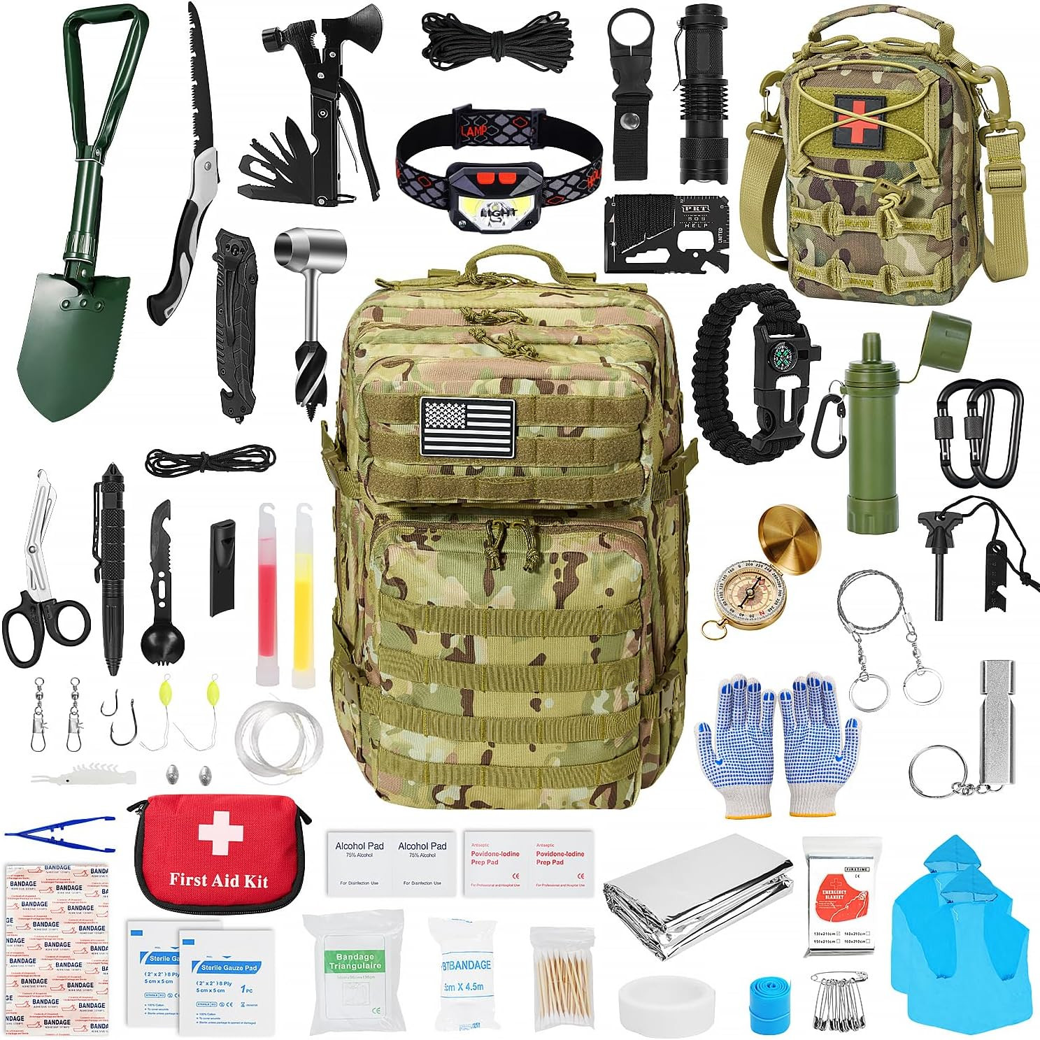 Survival First Aid Kit,99Pcs Professional Survival Gear Large Hiking Backpack wi