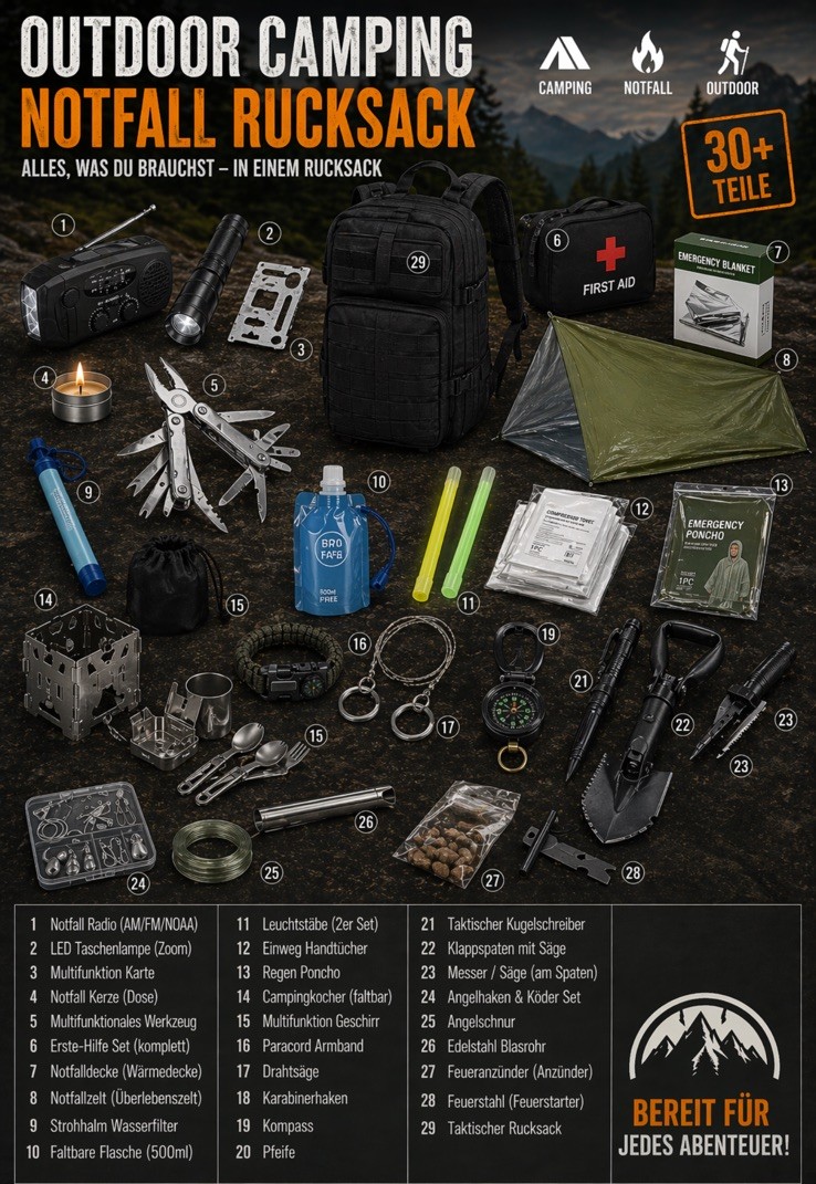 Camping, Outdoor, Survival & Emergency Backpack 100+ Piece – Complete Set