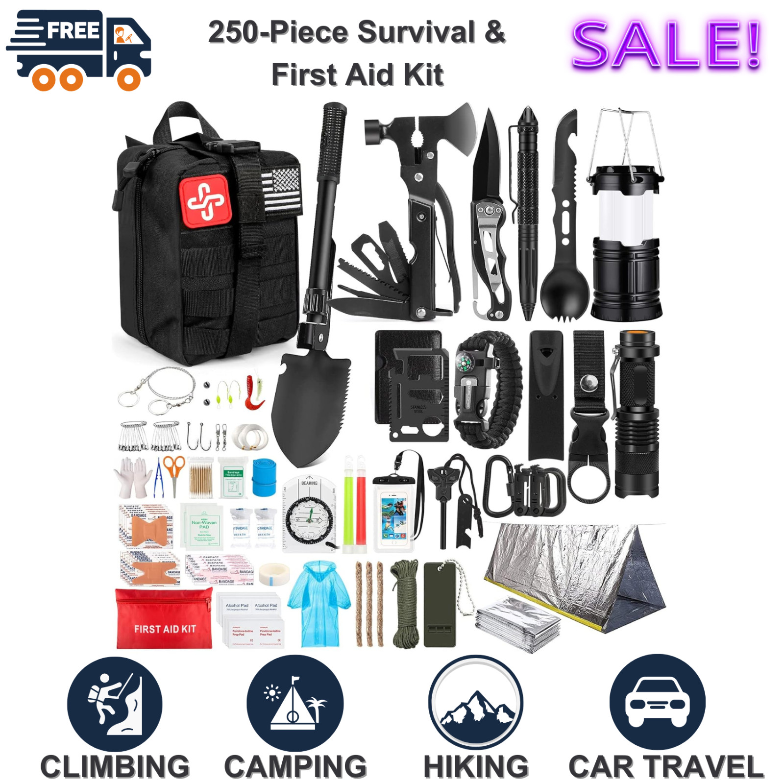 250 Pieces Survival And First Aid Kit, Molle Bag, Emergency Tent, Camping Gear
