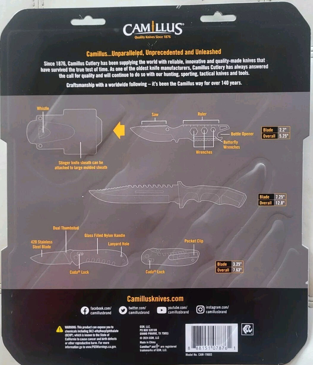 Camillus Warrior Pack 12.8 Survival Knife, Stinger Knife, Folding Knife, Whistle