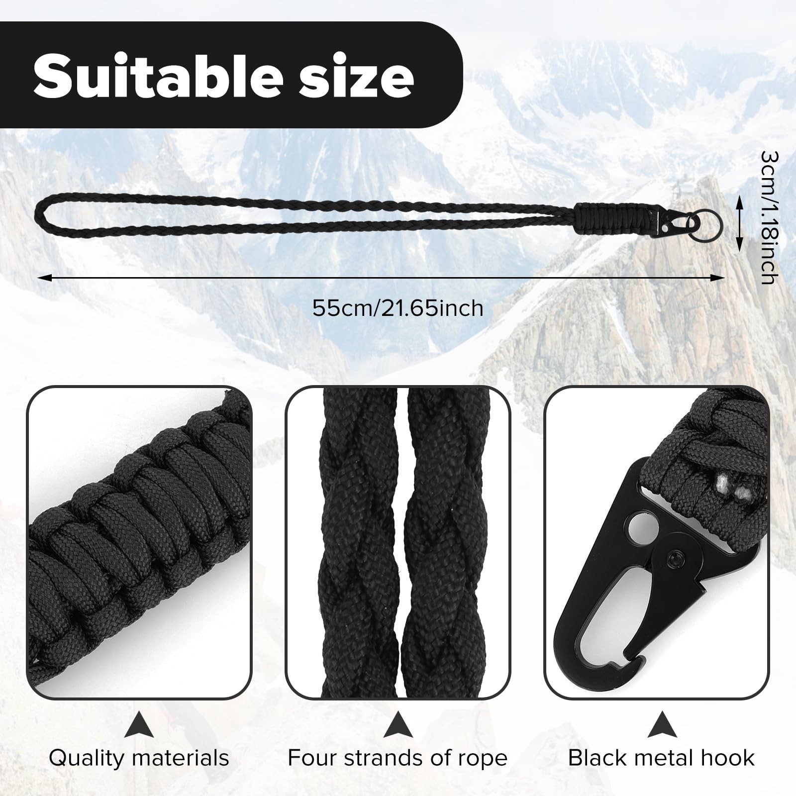 Tyqour 2Pcs Heavy Duty Paracord Lanyard Braided 16 cm x 24 x 1.8 cm, Black