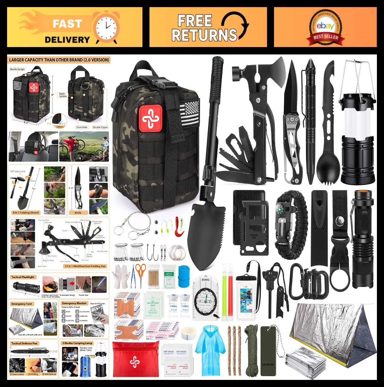 250Pcs Survival Gear Kit with Molle Bag & Emergency Tent – First Aid, Hiking, Ou