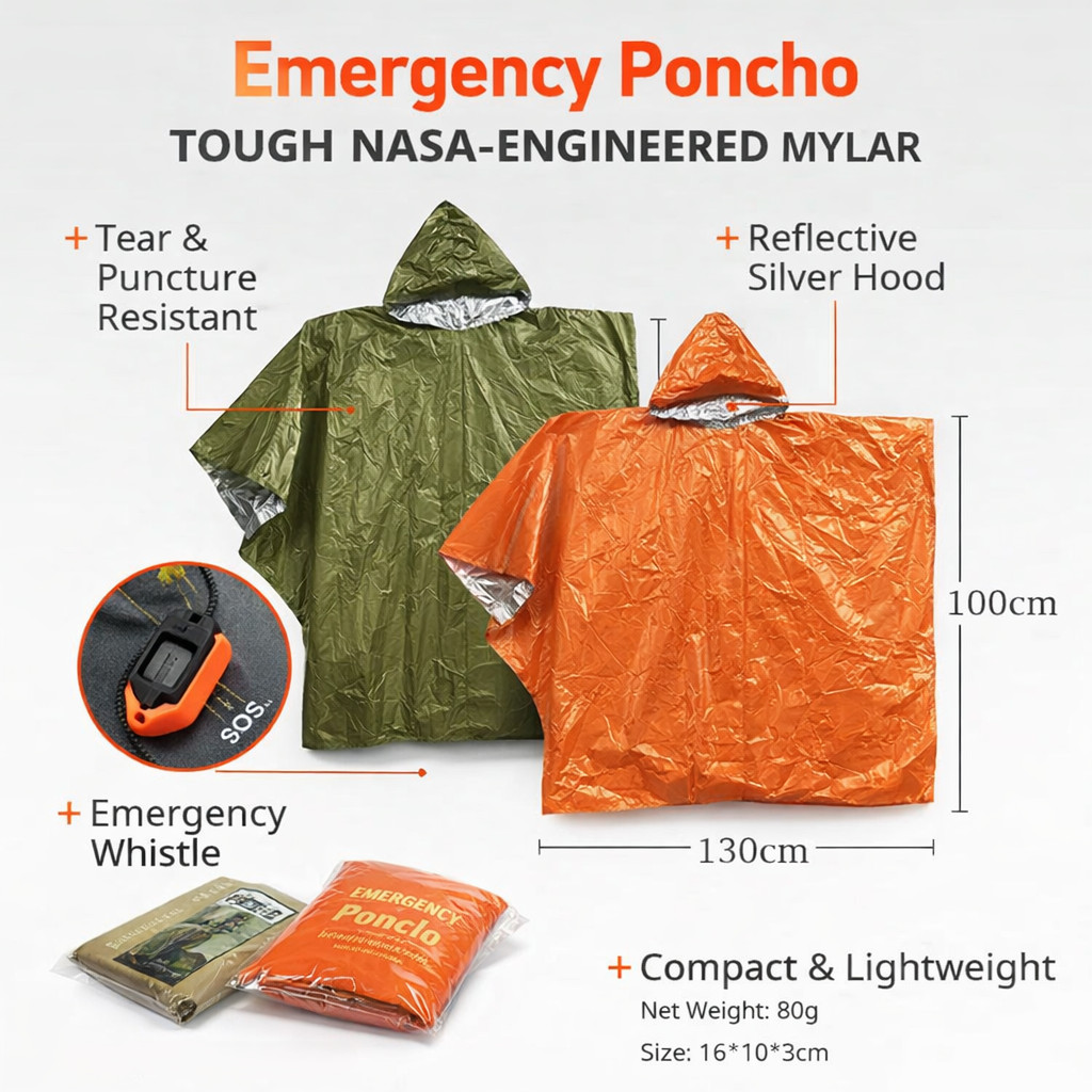 Emergency Rain Poncho Thermal Mylar Blanket Survival Gear + Whistle Orange/Gree