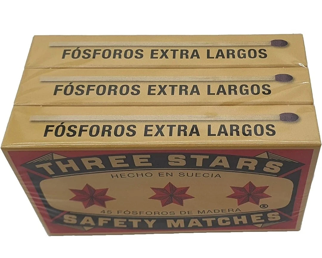 New Swedish Match Three Stars Extra Long Safety Matches 6 Packs of 45 Strike