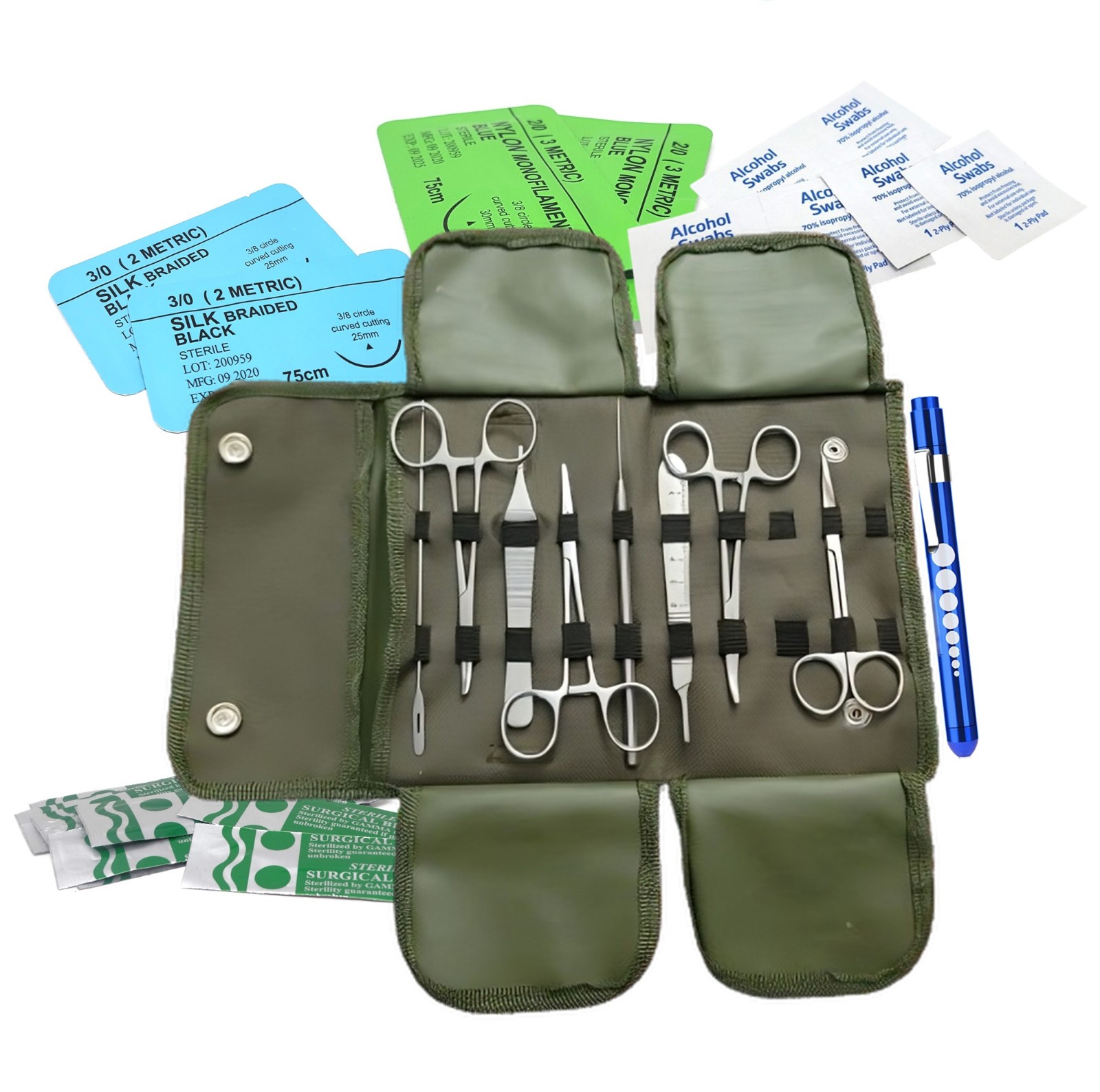 32Pc Army Surgical Kit – Sutures, Scalpel, Hemostat – Green – Military First Aid