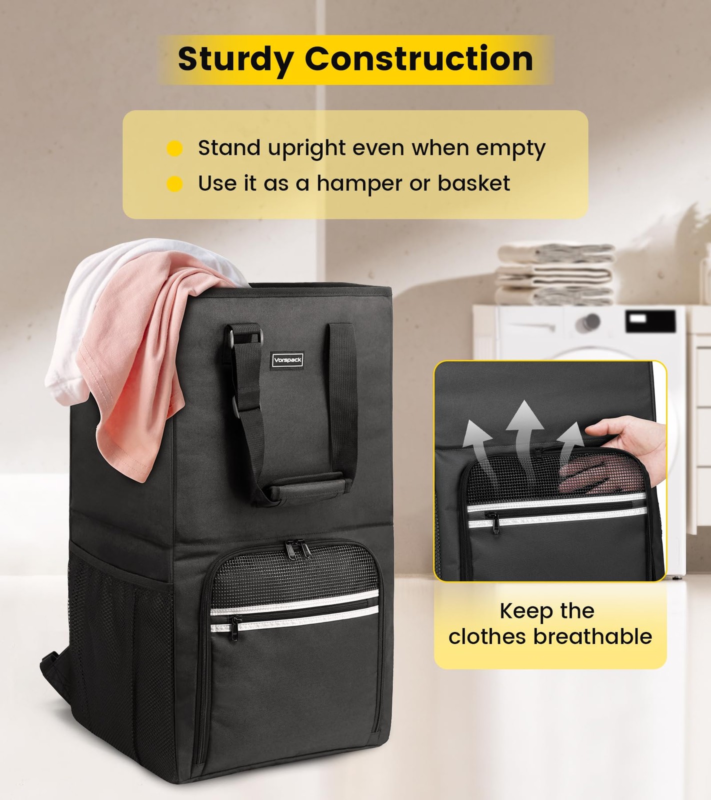 Vorspack Laundry Bag Backpack – Extra Large Bags with Large, Black