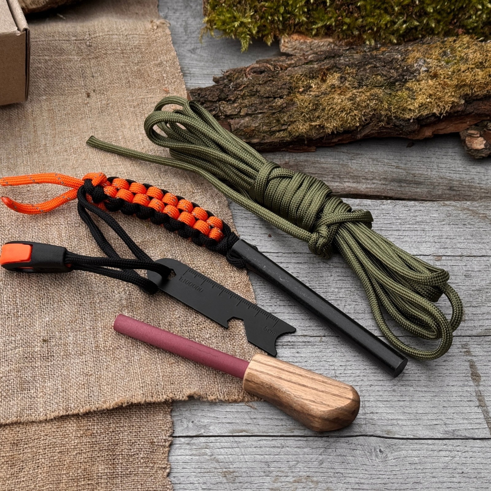 Bushcraft Survival Kit with Ferro Rod Sharpener Paracord Camping Gear Sharky