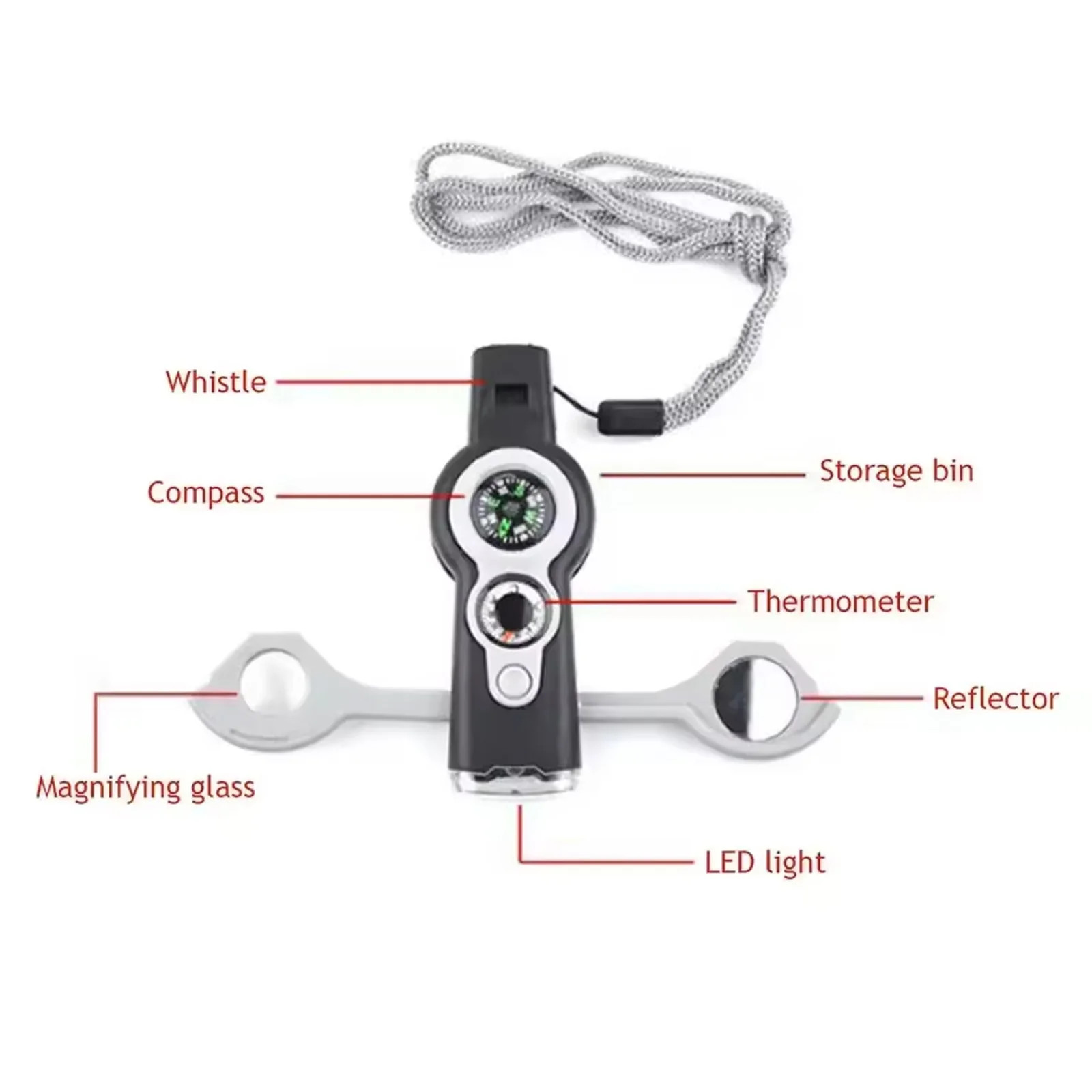 7-in-1 Survival Whistle with LED Light Thermometer for Hiking Camping
