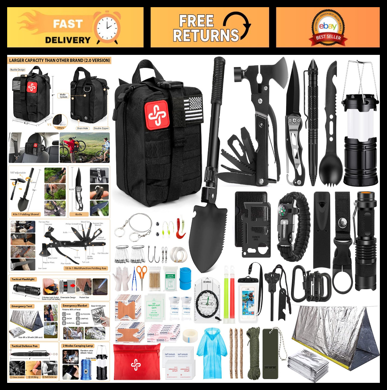 250Pcs Survival Gear Kit, Molle-Compatible Bag, First Aid & Emergency Tent for H
