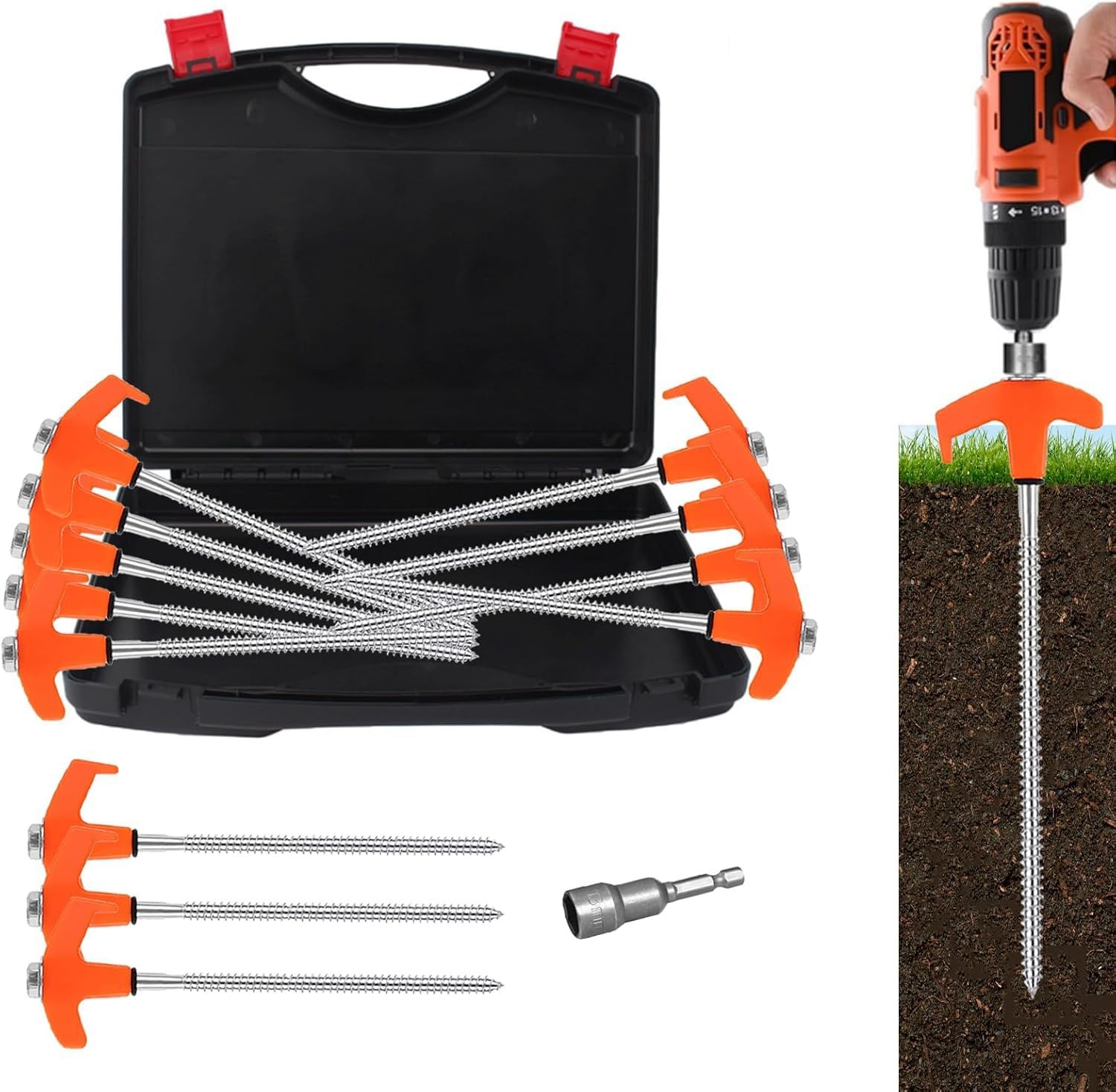 8″ Tent Stakes Heavy Duty 12 Pack, Screw in Stakes, Metal 12pcs, Orange