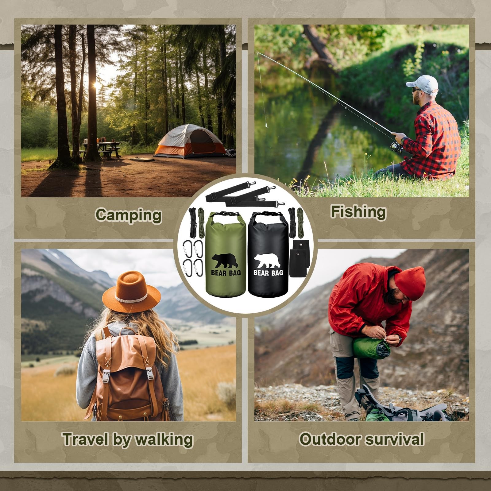 Bear Food Bag Hanging System 2 Bags 4 Ropes 4 Clips 2 Rock Pouches Black Green