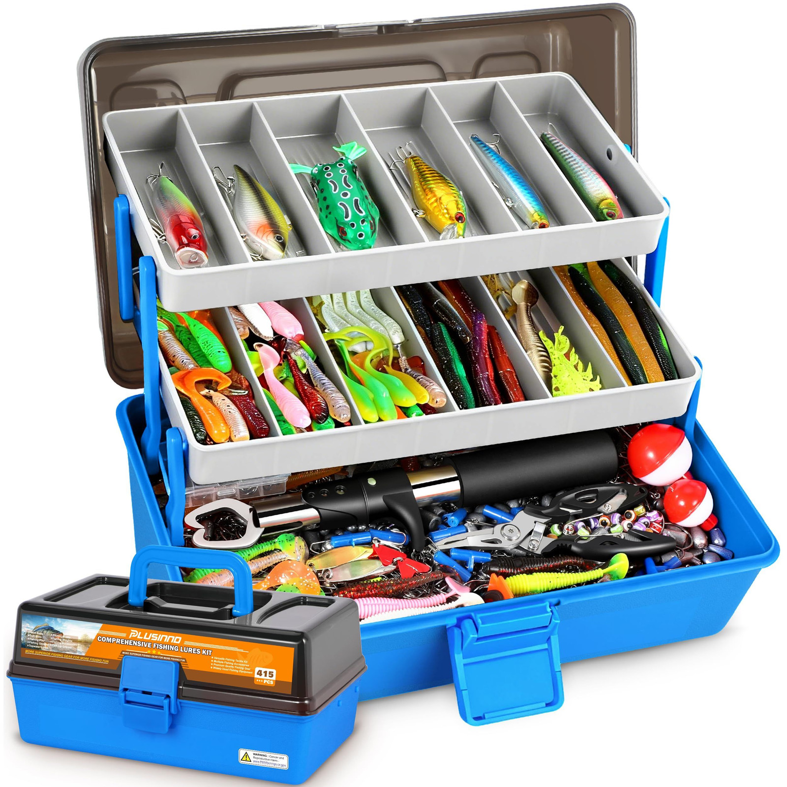 PLUSINNO Large 3 Layers Fishing Tackle Box with 12x7x5.7 inches, Blue