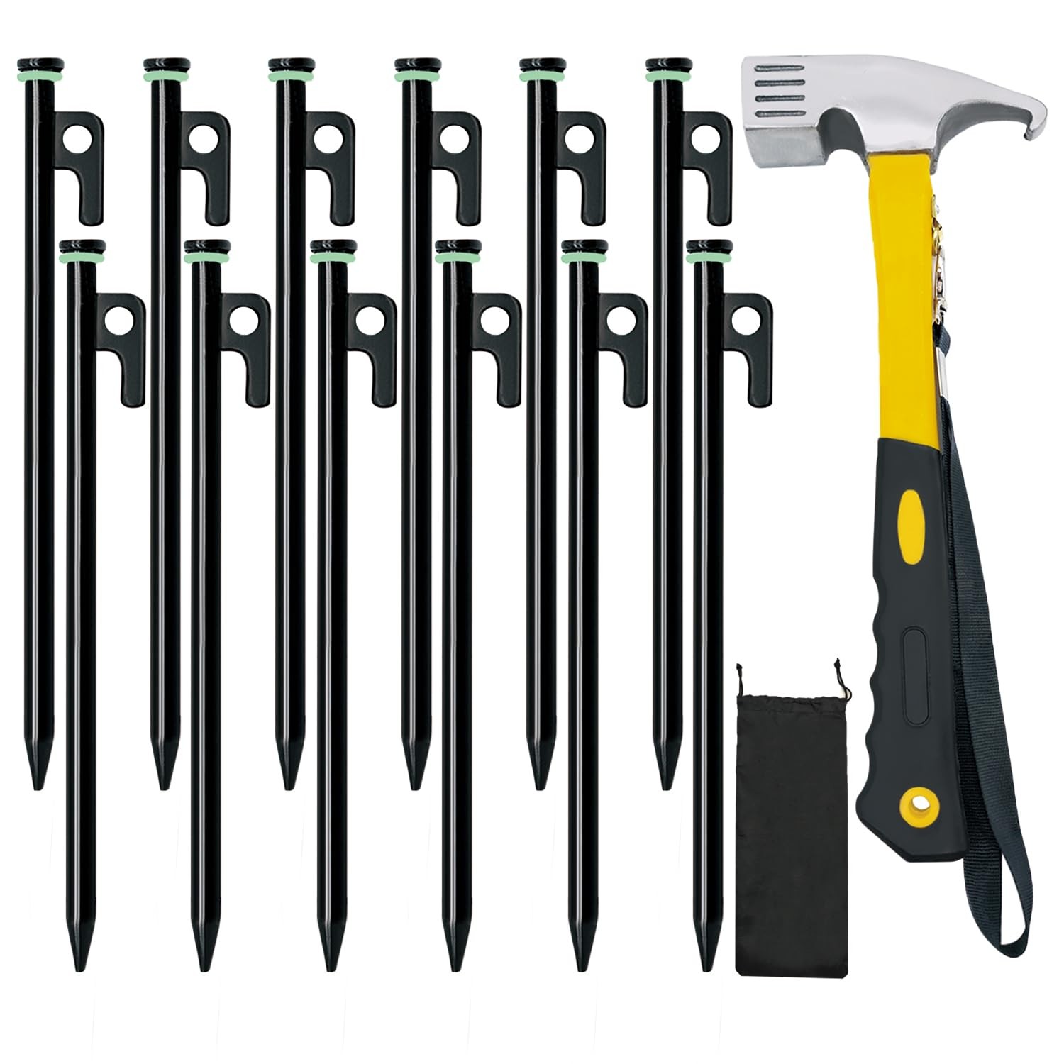 Tent Stake with Hammer, 12-Pack 12in Heavy Duty Stakes + 10in Black