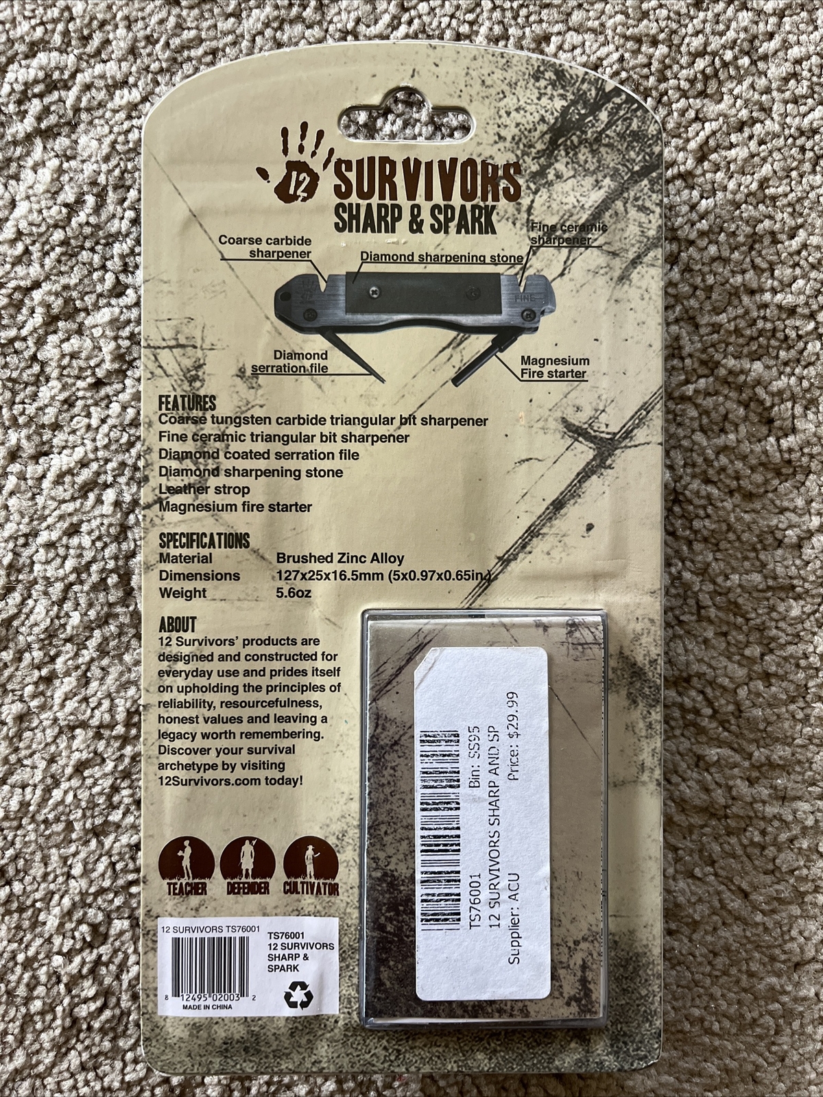 NEW 12 Survivors Sharp & Spark 6-In-1 Knife Sharpener & Fire Starter Tool SP $25