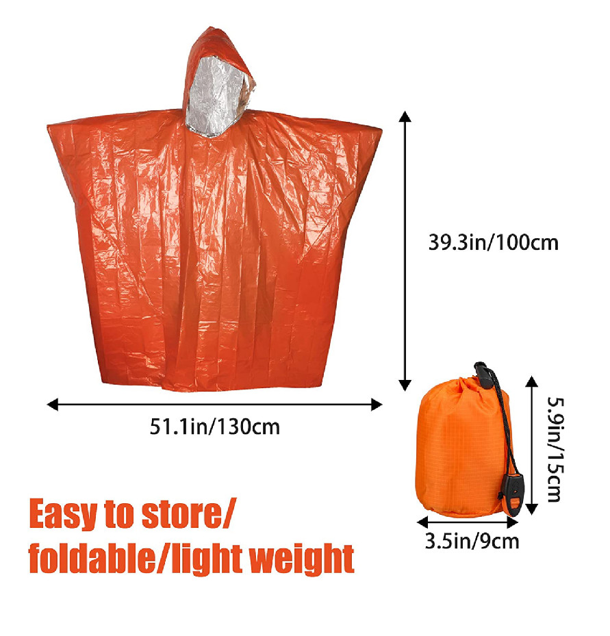 1-20 Emergency Survival Raincoat Reusable Mylar Thermal Blanket Poncho Whistle