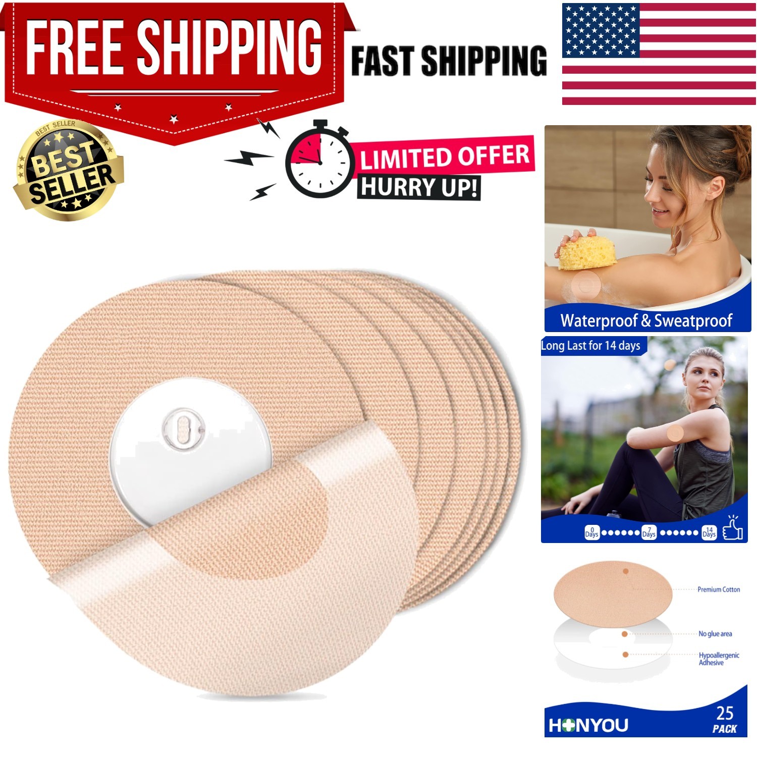 Freestyle Waterproof Adhesive Patches for Libre 3 – 25 Pack Beige, Easy Apply