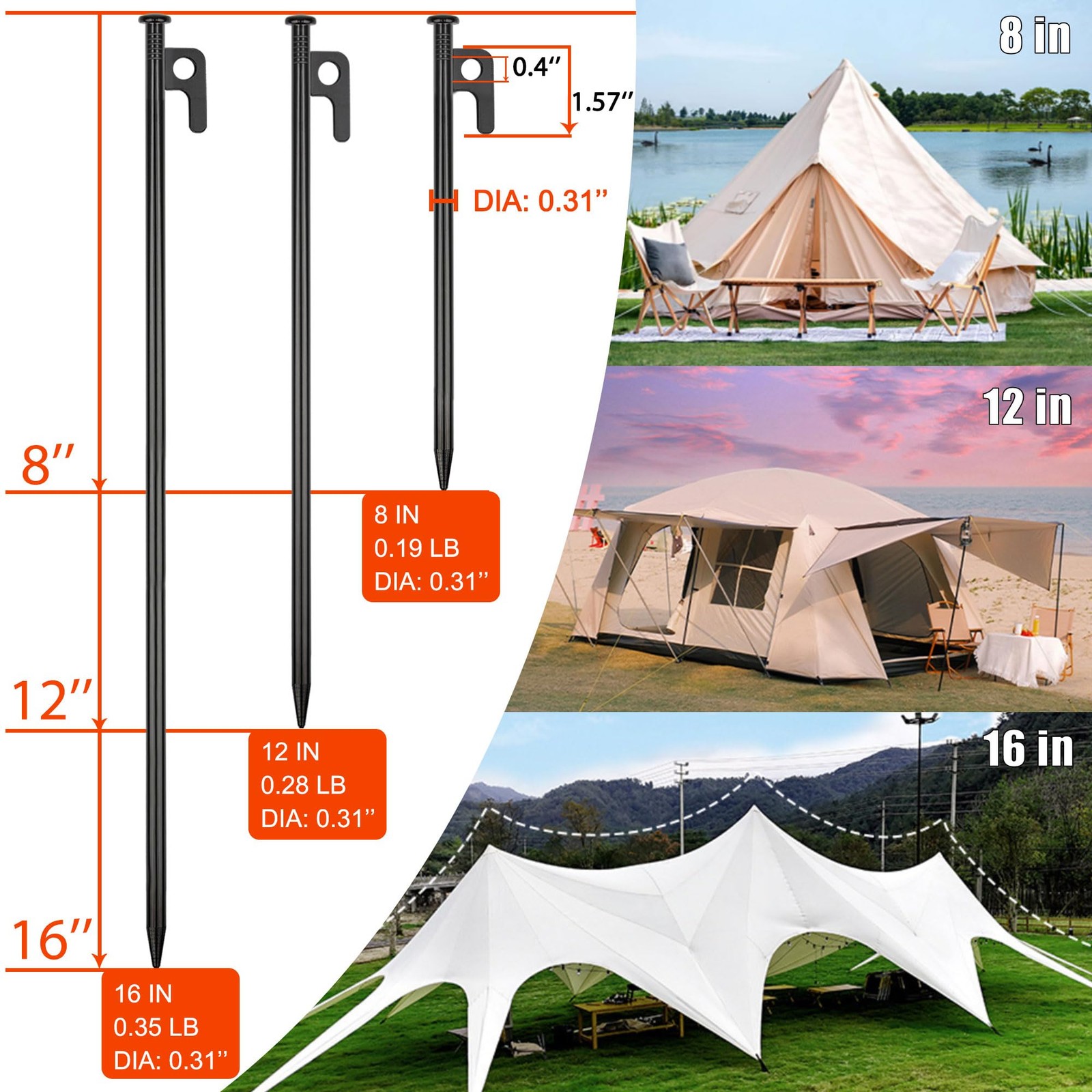 8 Pack Tent Stakes Heavy Duty Metal Pegs for Camping Steel 8 IN, Black