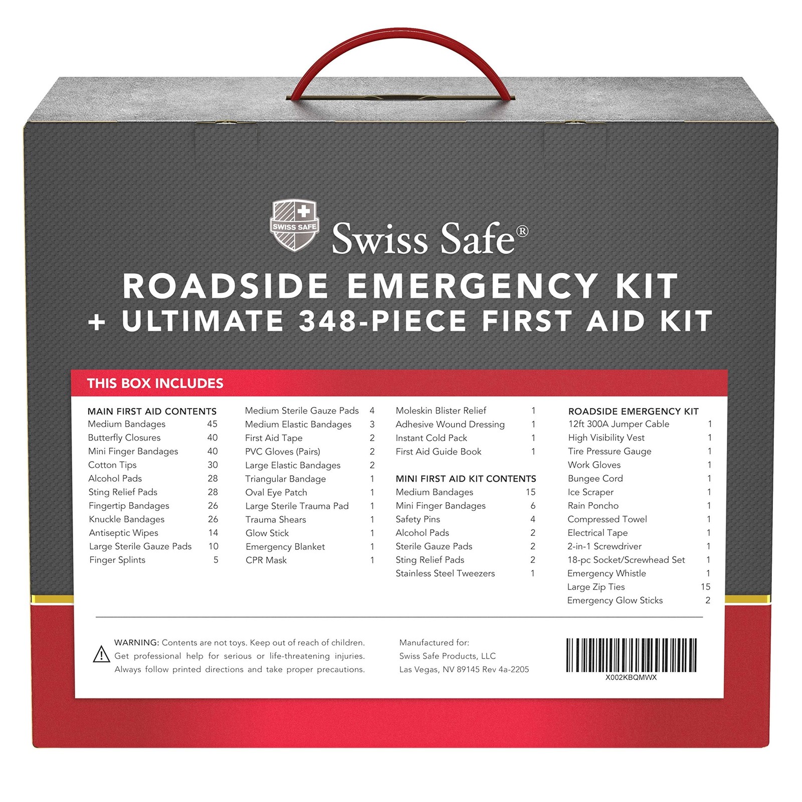 Swiss Safe 2-in-1 Car Emergency Kit | 12-FT Heavy-Duty Jumper 348 Piece Set