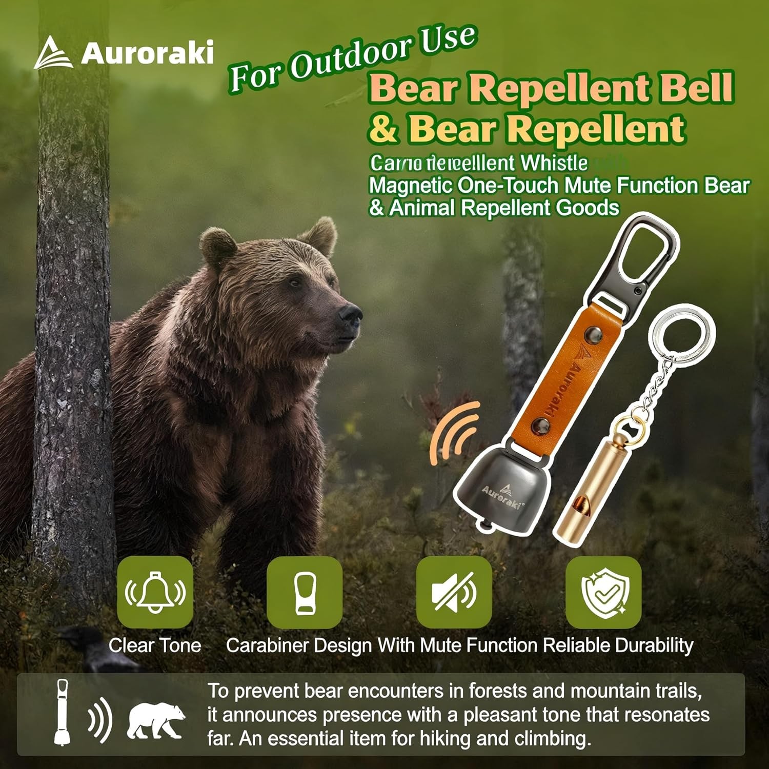 Auroraki’s Loud Bear Bell with Magnetic Silencer for Bear Deterrent, Survival, C