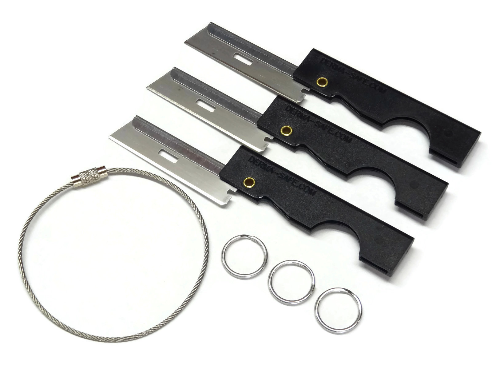 Derma-Safe 3 Pack Razor Knife with Cable Ring EDC IFAK SERE Survival HR207 Black