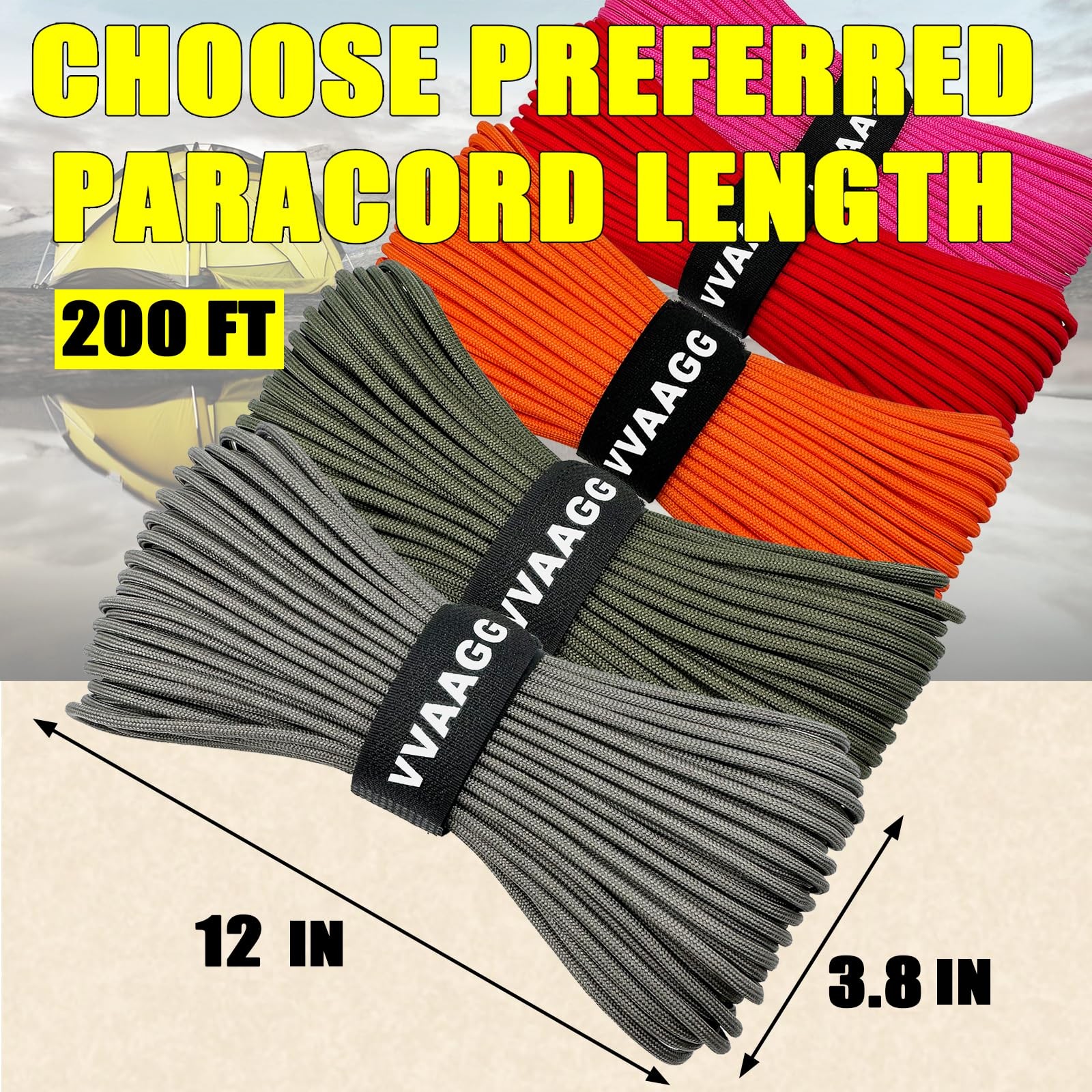 VVAAGG 1000 Paracord Rope 200FT, 4mm Utility Parachute Cord Heavy Gray