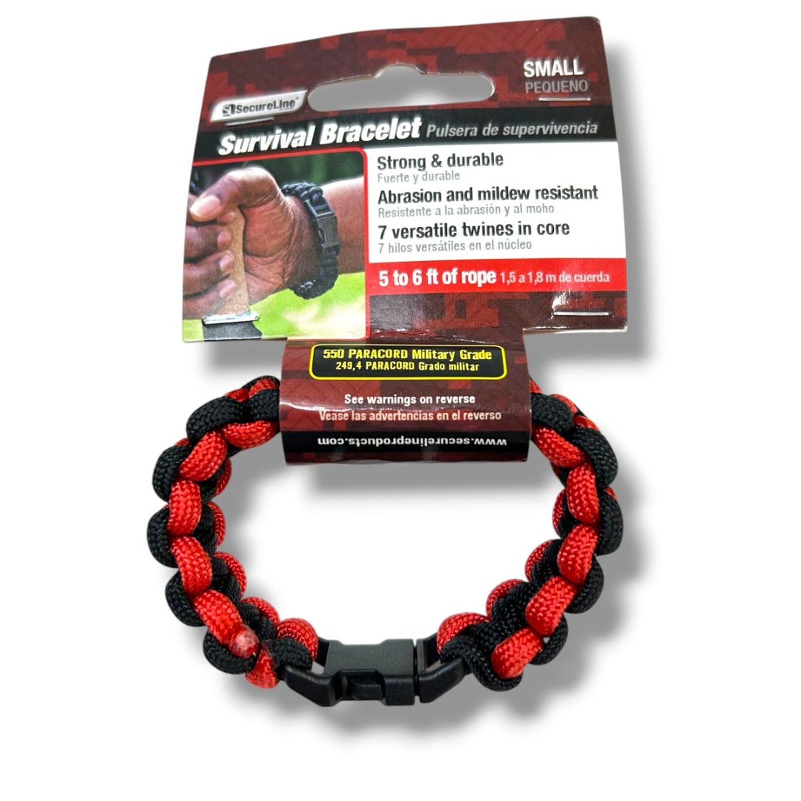 Small (7″) SecureLine Survival Bracelet Clip Red Black 5-6ft Rope New