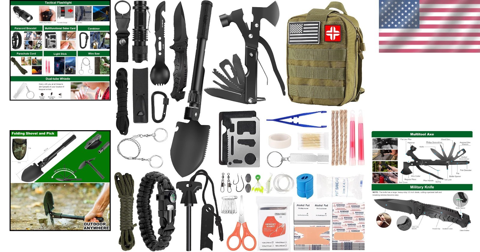 Emergency Survival Kit 142 Pieces Lightweight Molle Pouch for Camping and Hiking
