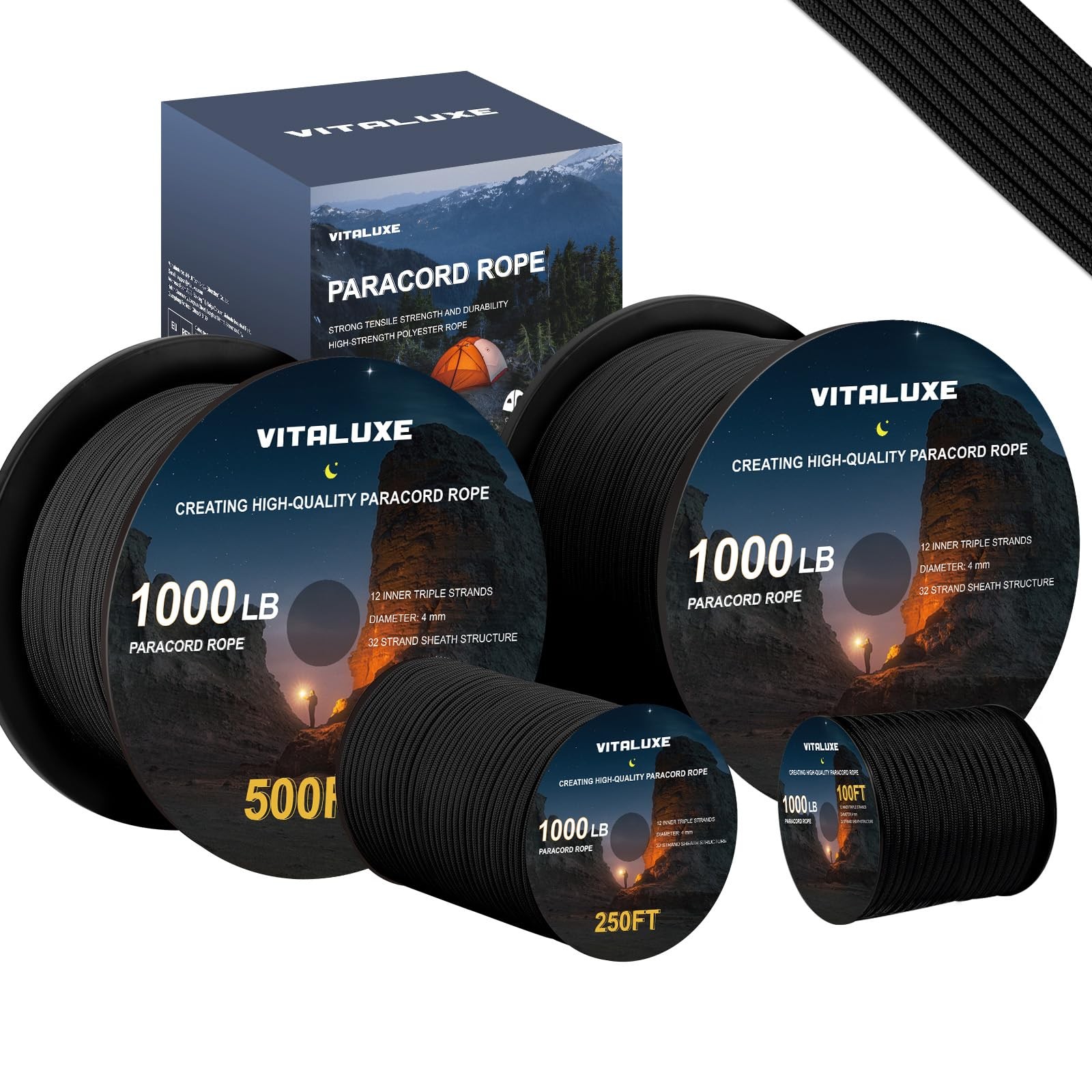 VITALUXE 1000lb Paracord Rope, 4mm 12 Triple Strands Paracord, 100ft, black