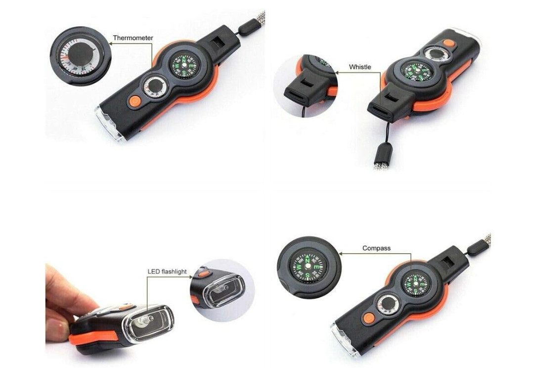 7 in 1 Military Survival Whistle Compass Magnifier Thermometer Keychain 3 Pack