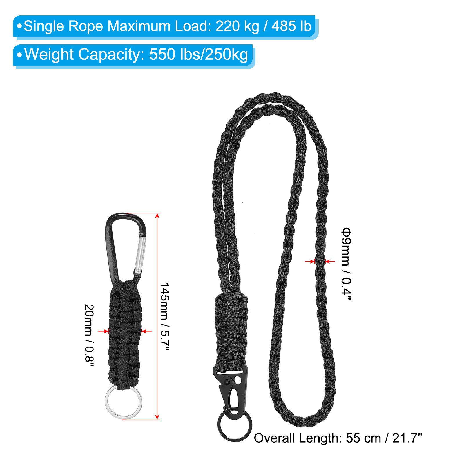 2Pcs Braided Paracord Lanyard Keychain, Paracord Neck Badge Lanyard Black