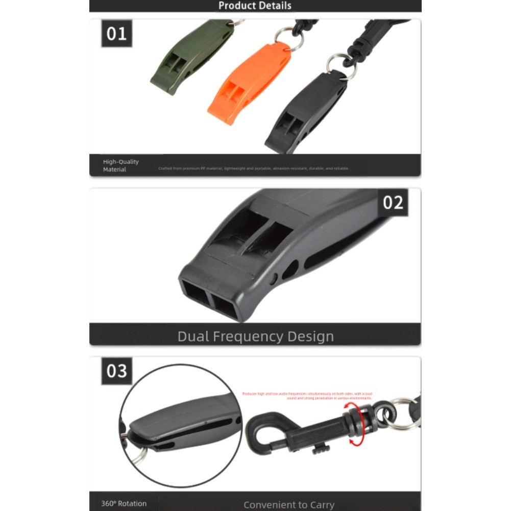 Survival whistle for hiking and camping with secure nylon lanyard hole