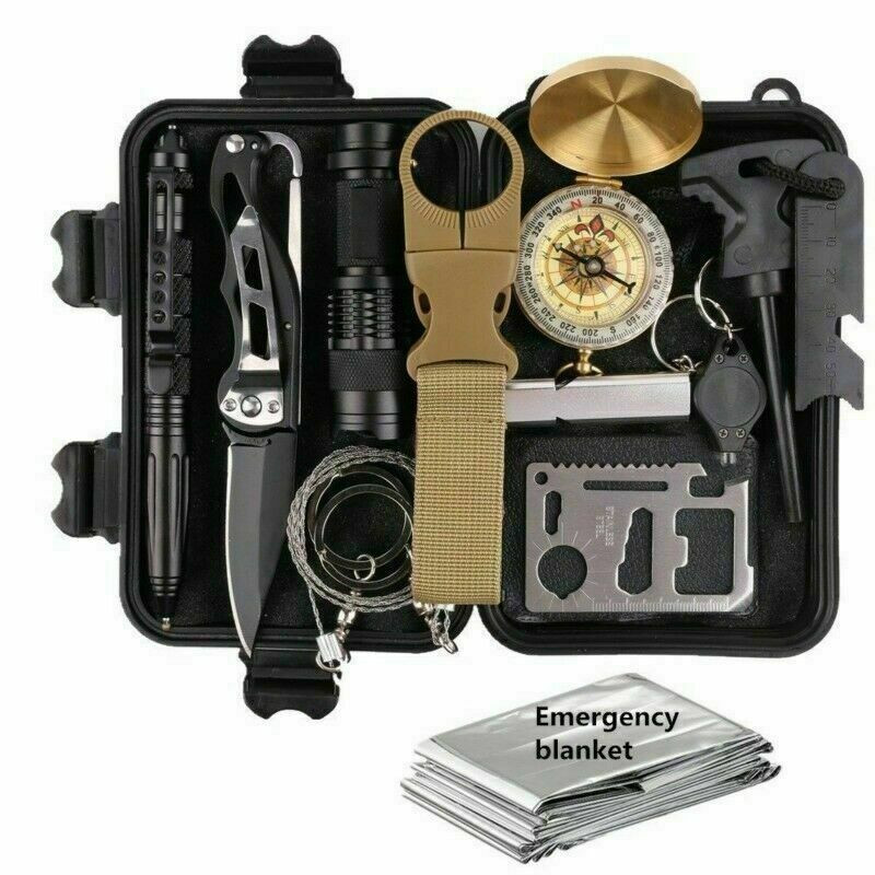 Survival Gear Kit 14-in-1 – Outdoor Emergency Camping & Hiking Tools w/ Case