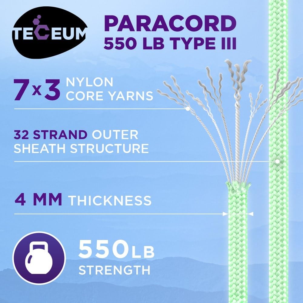 TECEUM Paracord Type III 550 Green – Glow in 100 Ft, – the Dark
