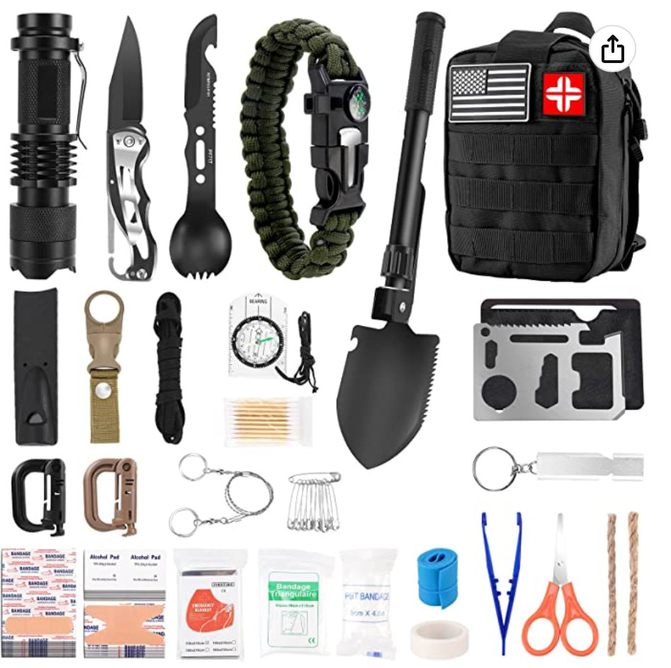 Emergency Survival Kit First Aid Kit, 121Pc Tactical Gear Camping Gear Emergency