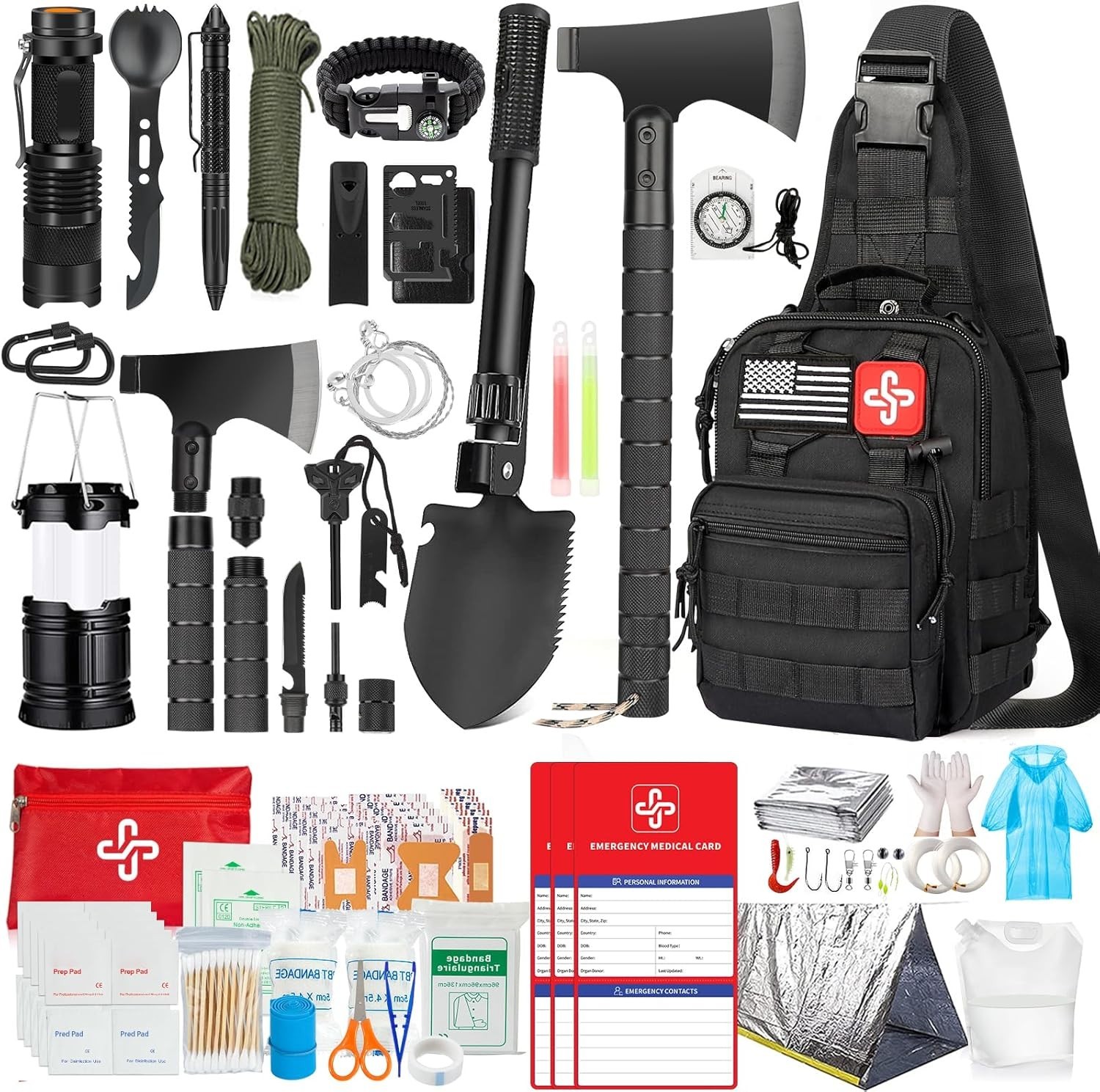 Survival Kit 262Pcs – Gear, First Aid, Tent, Axe, Shovel, Bug Out Bag for All