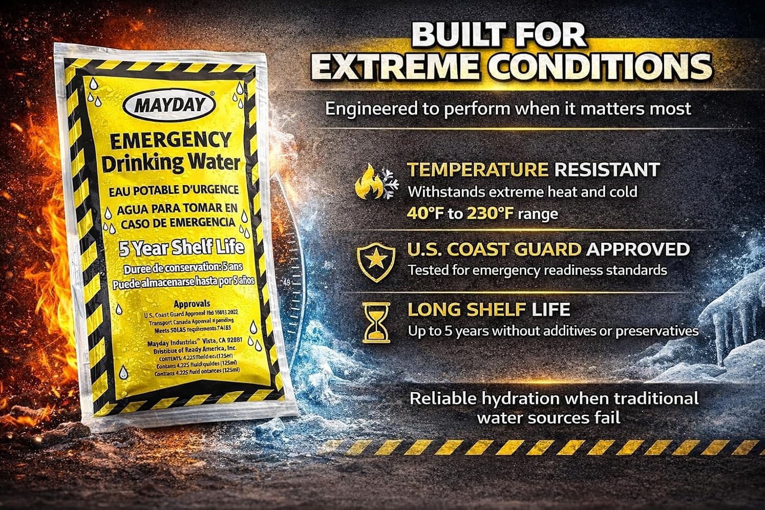 Mayday Leak-Proof Water Pouches – Purified, 4.225 Oz, 50 Pack for Safety