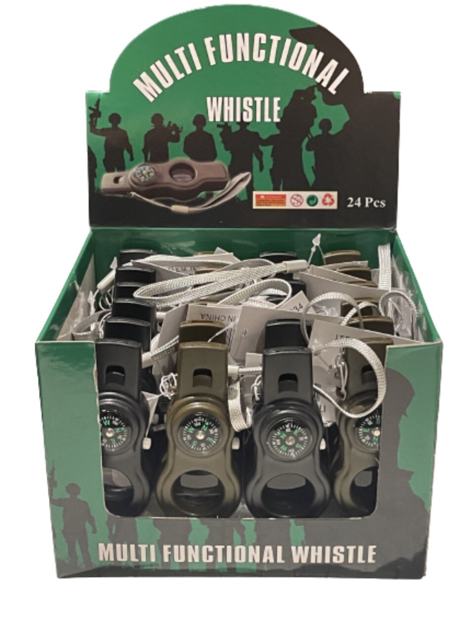 24 Pc 5 in 1 Survival Camping Hiking Whistle Compass Flashlight Laser Magnfyng