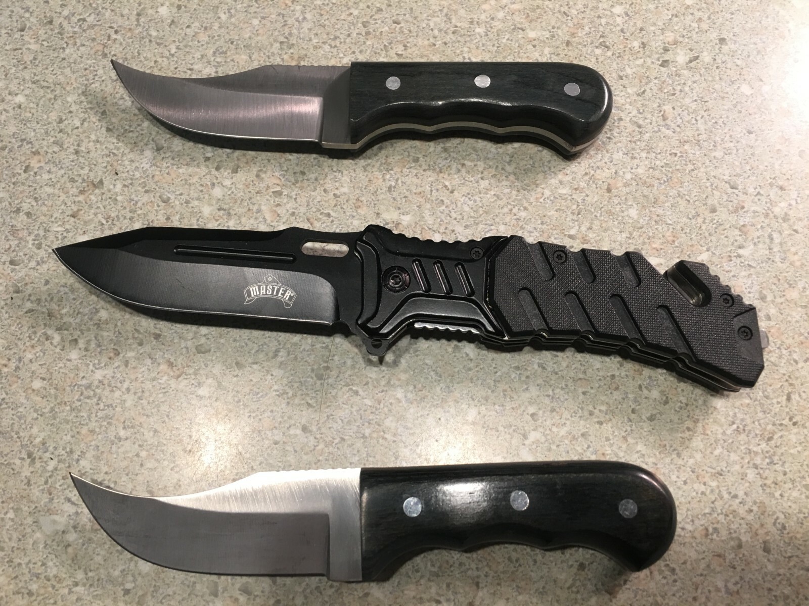 Master USA Black Hunting Tactical Rescue Pocket Knife & 2 Mini -Bowie Knives
