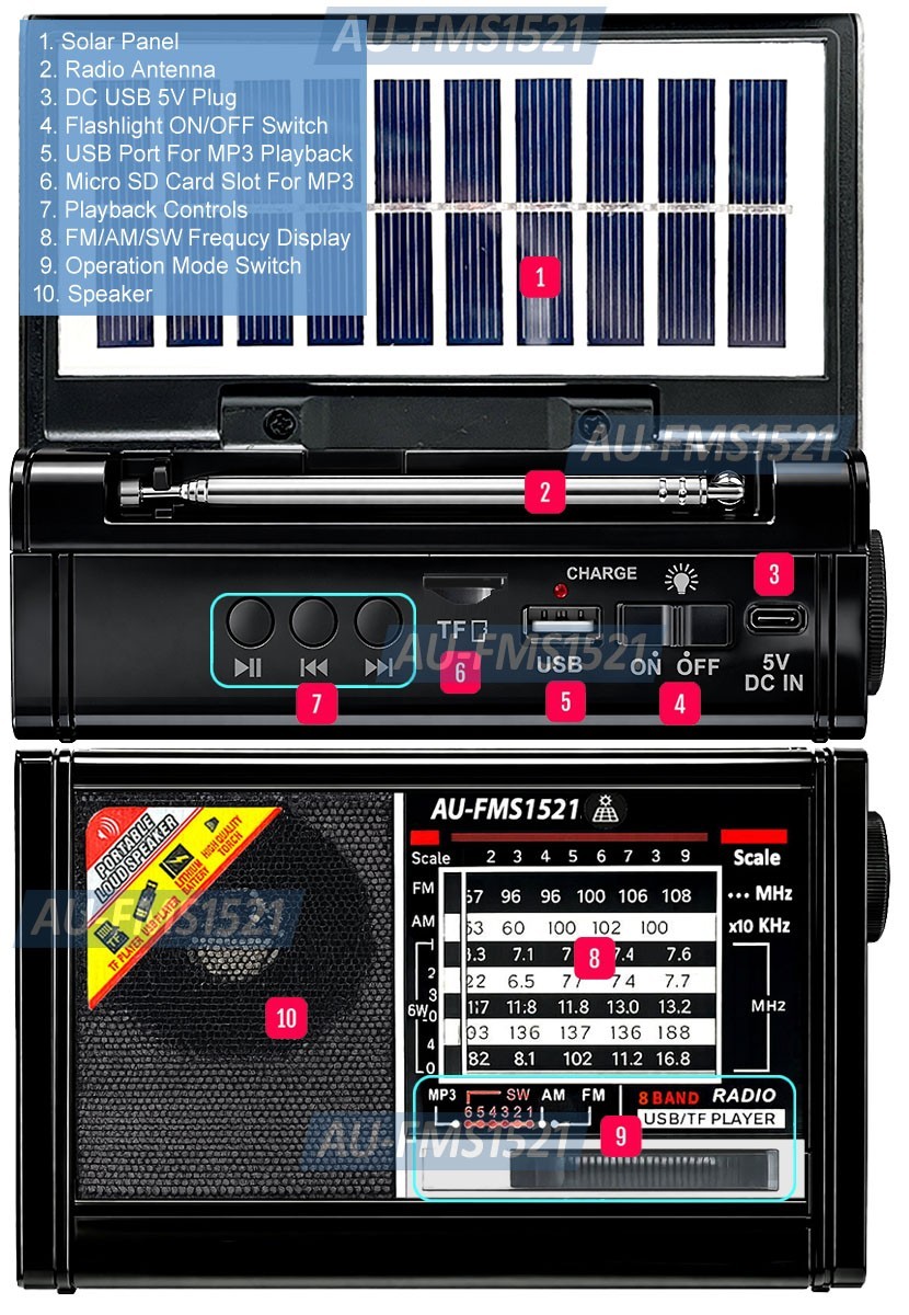 Premium AM/FM/SW Flashlight Radio Bluetooth Speaker MP3 Player Solar DC 5V Dcell