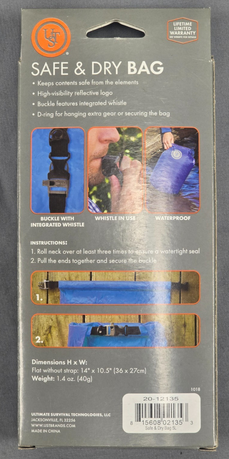 NEW Ultimate Survival Technologies 20-12135 Safe & Dry 5L Blue Dry Bag + Whistle
