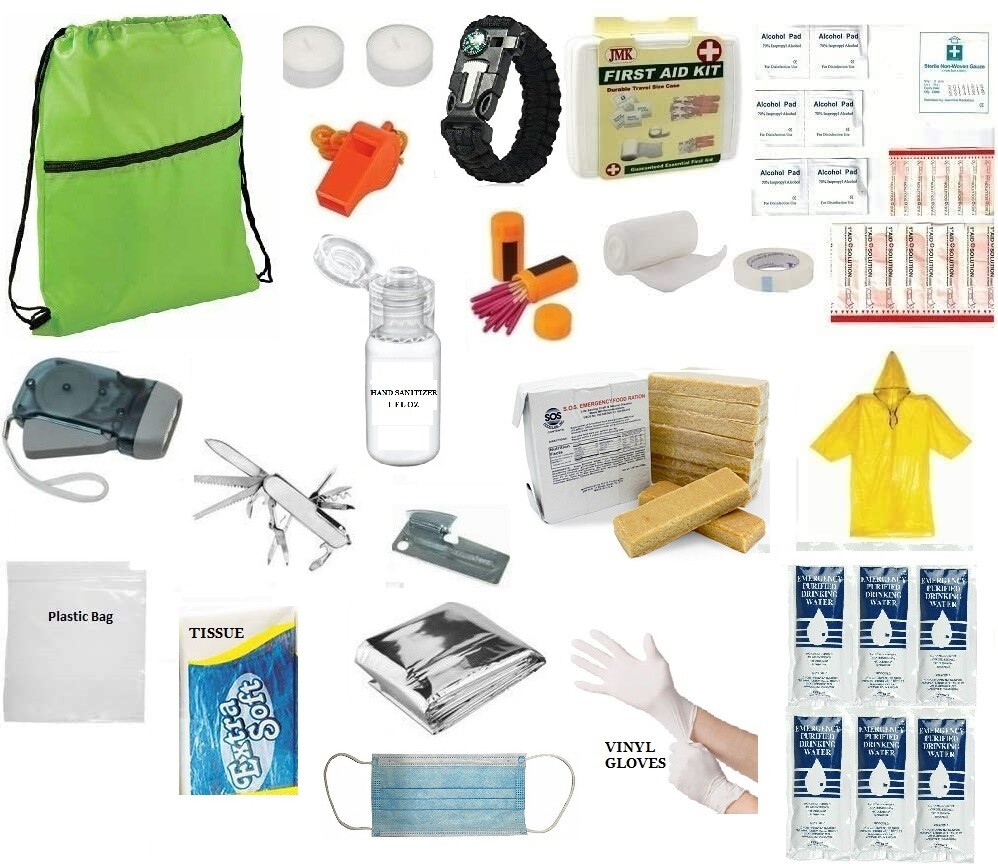 3 Day Emergency Survival Kit Food Water Whistle Bag Sack Earthquake NEON GREEN