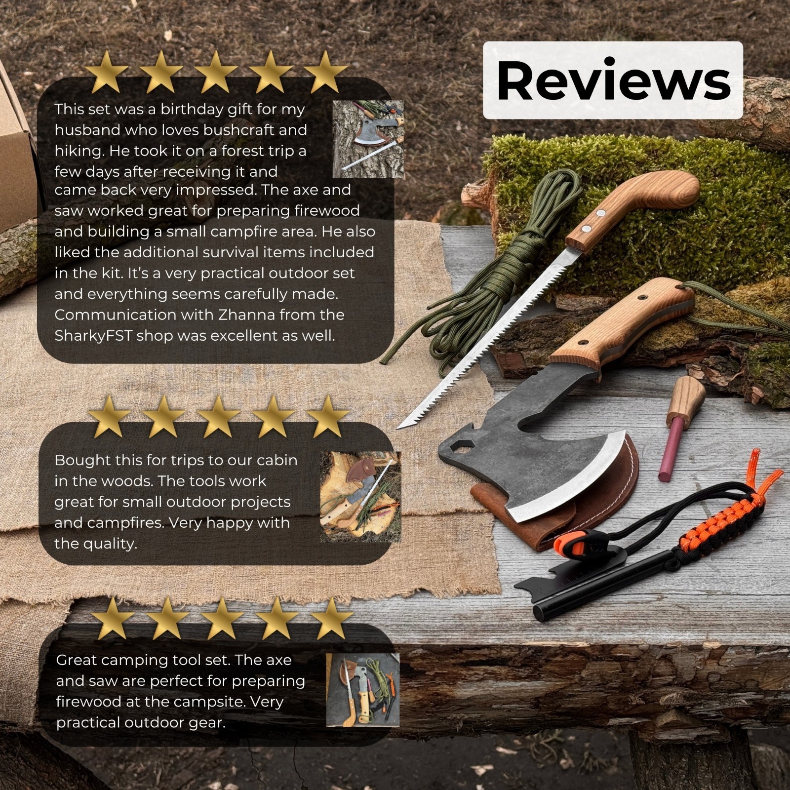 Bushcraft Kit with Camping Axe Saw Ferro Rod Sharpening Tool for Hiking Fishing