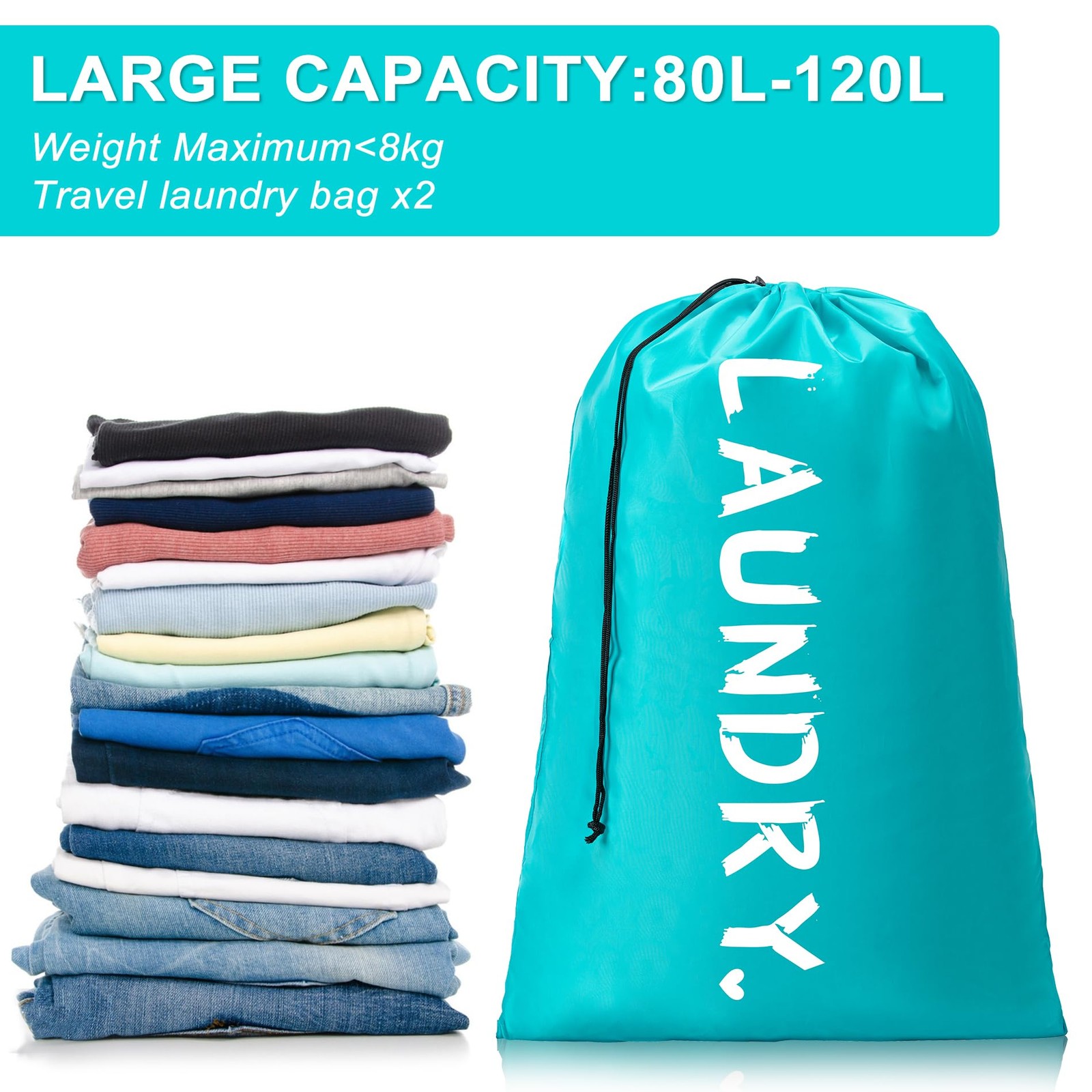 2 Pack XL Travel Laundry Bag, Machine Washable 24″x36″ |2 Pack, Blue+Grey